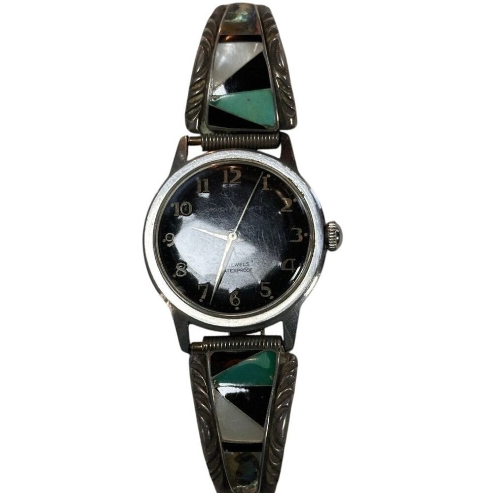 Vintage Turquoise Onyx abalone sterling watch band USA Croton reliance 21 jewels